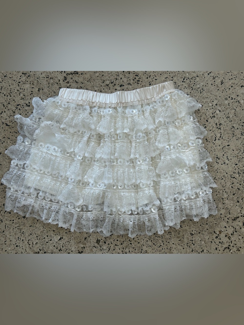 White Lace Tiered Mini Skirt with Sequin Trim
